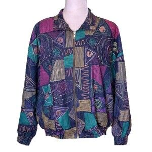 Vintage Women's Denim 90s Abstract Geo Artsy Zip Up Bomber Jacket Size Lg